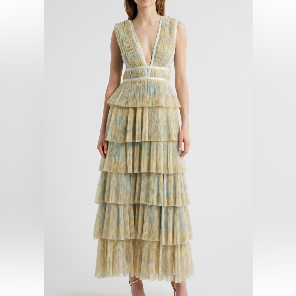 Plunge Neck Tiered Tulle Dress, Blue and Yellow, Worn 1x